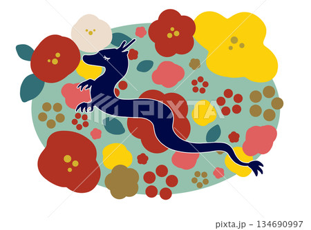 りゅうと花の北欧風年賀イラスト 134690997