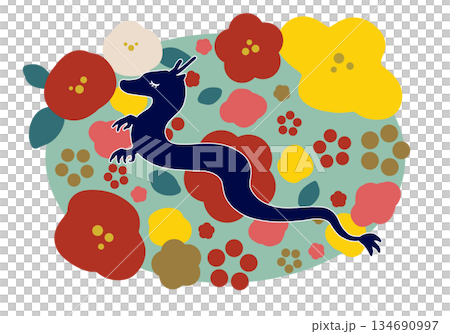 北歐風格的新年插畫，描繪了龍和鮮花。 134690997