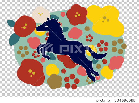 Scandinavian-style New Year's illustration of a horse and flowers Scandinavian-style New Year's illustration of a horse and flowers 134690999