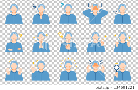 A set of facial expressions of ordinary senior women. Flat design. 134691221