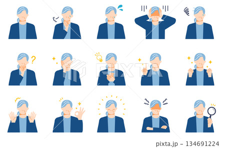 シニア世代の女性の悩みや喜びなどの表情イラストセット。フラットデザイン。 134691224