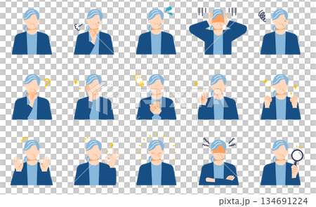 シニア世代の女性の悩みや喜びなどの表情イラストセット。フラットデザイン。 134691224