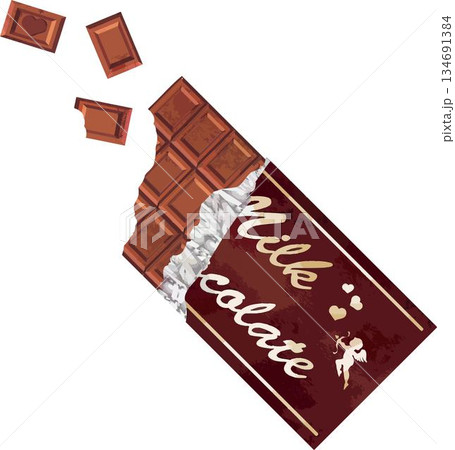 バレンタインの板チョコのイラスト。赤いリボンと銀紙を剥いたミルクチョコレートのベクター素材 バレンタインの板チョコのイラスト。赤いリボンと銀紙を剥いたミルクチョコレートのベクター素材 134691384