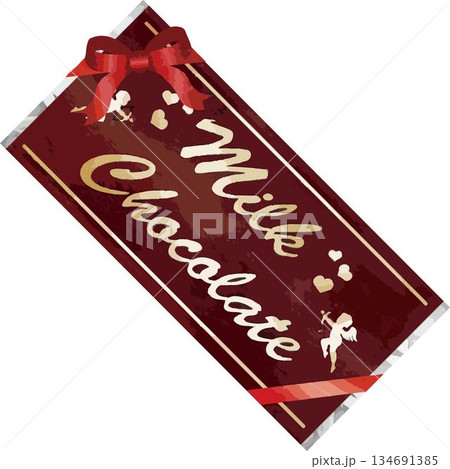 バレンタインの板チョコのイラスト。赤いリボンと銀紙を剥いたミルクチョコレートのベクター素材 134691385