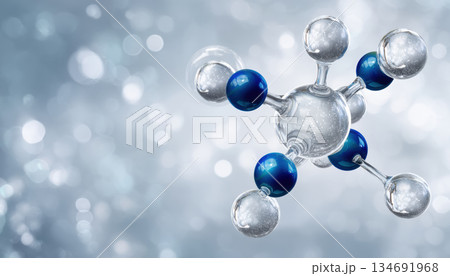 3D molecular structure with blue and transparent spheres representing atoms, scientific concept with soft bokeh background creating calm 3D molecular structure with blue and transparent spheres representing atoms, scientific concept with soft bokeh background creating calm 134691968