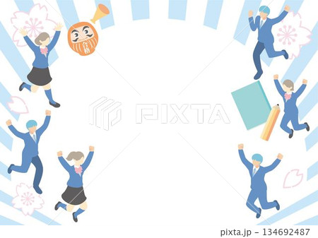 合格祈願・受験応援のアイソメトリックイラスト素材。ジャンプする制服の男女と桜の花 134692487