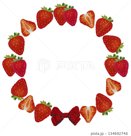 【イチゴとリボンのフレーム】手刺繍イラスト素材 134692748