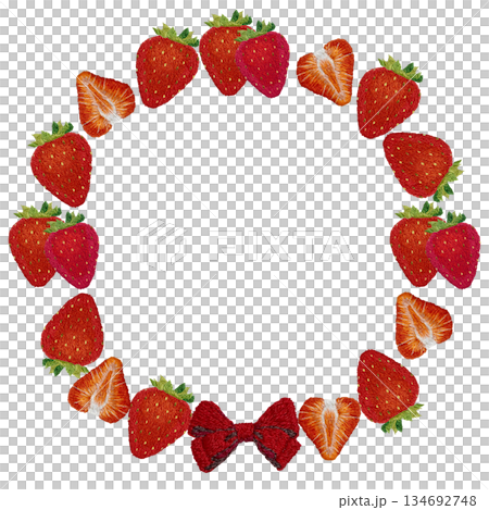 【イチゴとリボンのフレーム】手刺繍イラスト素材 134692748
