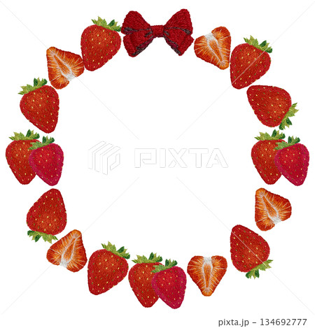 【イチゴとリボンのフレーム】手刺繍イラスト素材 【イチゴとリボンのフレーム】手刺繍イラスト素材 134692777