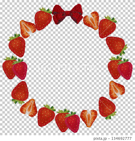【イチゴとリボンのフレーム】手刺繍イラスト素材 【イチゴとリボンのフレーム】手刺繍イラスト素材 134692777