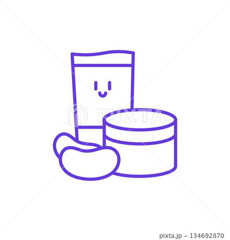 Facial Skincare Products Icon. Thin Line Illustration of Cosmetic Tube, Cream Jar and Patch with Smiling Face, Pictogram of Beauty Treatment, Moisturizer, Spa Therapy and Self Care Routine. 134692870