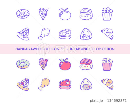 Hand Drawn Food Icon Set - Linear and Color Pack Featuring Donuts, Ice Cream, Apple, Sushi, Popcorn, Pizza, Chicken Drumstick, Steak, Bento Box, Rice Ball and Croissant for Snacks and Meals. 134692871