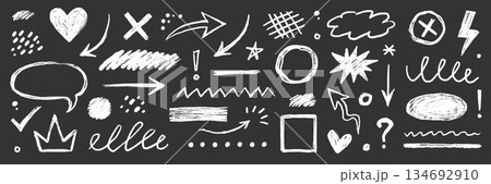 Hand drawn chalk doodles elements on blackboard texture arrows, question marks, question set. Highlight, circle frame, cloud sketch brush texture marker stroke. Vector 134692910