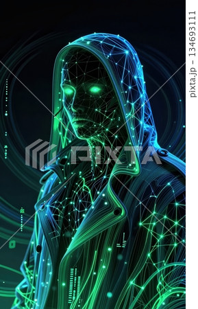 Futuristic Cyberpunk Hacker in Neon Hood with Glowing Green Digital Network Lines. Futuristic Cyberpunk Hacker in Neon Hood with Glowing Green Digital Network Lines. 134693111