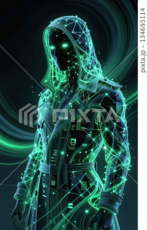 Futuristic Cyberpunk Hacker in Neon Hood with Glowing Green Digital Network Lines. 134693114