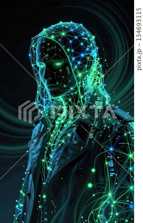 Futuristic Cyberpunk Hacker in Neon Hood with Glowing Green Digital Network Lines. Futuristic Cyberpunk Hacker in Neon Hood with Glowing Green Digital Network Lines. 134693115