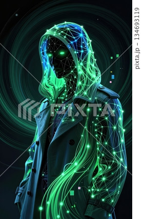 Futuristic Cyberpunk Hacker in Neon Hood with Glowing Green Digital Network Lines. 134693119