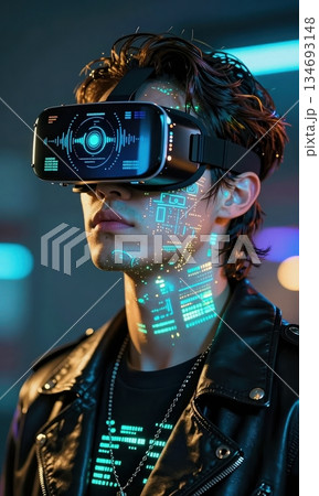 Futuristic Young Man Wearing Neon VR Headset with Holographic HUD Interface. Futuristic Young Man Wearing Neon VR Headset with Holographic HUD Interface. 134693148