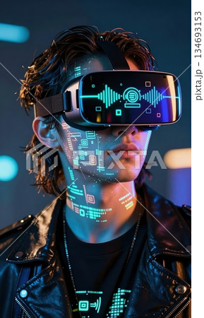 Futuristic Young Man Wearing Neon VR Headset with Holographic HUD Interface. Futuristic Young Man Wearing Neon VR Headset with Holographic HUD Interface. 134693153