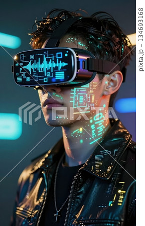 Futuristic Young Man Wearing Neon VR Headset with Holographic HUD Interface. Futuristic Young Man Wearing Neon VR Headset with Holographic HUD Interface. 134693168