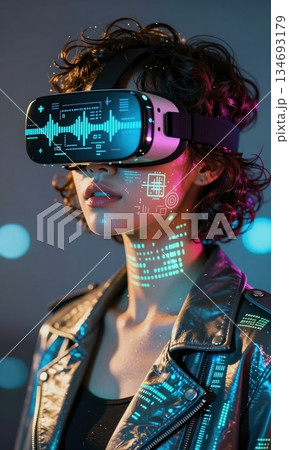 Futuristic Young Woman Wearing VR Headset with Digital Data Projection on Face in Cyberpunk Neon Light. 134693179