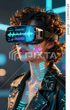 Futuristic Young Woman Wearing VR Headset with Digital Data Projection on Face in Cyberpunk Neon Light. Futuristic Young Woman Wearing VR Headset with Digital Data Projection on Face in Cyberpunk Neon Light. 134693184