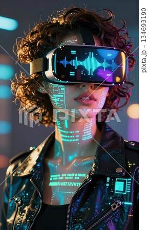 Futuristic Young Woman Wearing VR Headset with Digital Data Projection on Face in Cyberpunk Neon Light. Futuristic Young Woman Wearing VR Headset with Digital Data Projection on Face in Cyberpunk Neon Light. 134693190