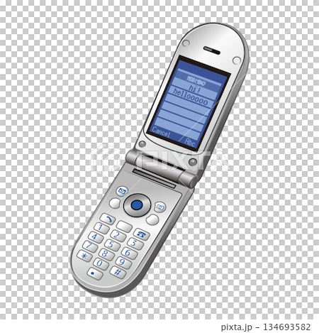 シルバーの角丸折り畳み式ガラケーのイラスト素材 シルバーの角丸折り畳み式ガラケーのイラスト素材 134693582