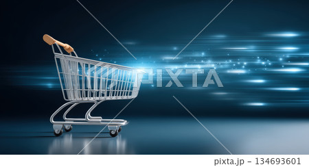 Online shopping concept with empty metal shopping cart and growth chart in background evoking e commerce success and digital retail strategy 134693601