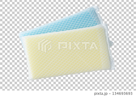 透明背景（png）にブルーとイエローの食器洗い用のネットスポンジ 134693693