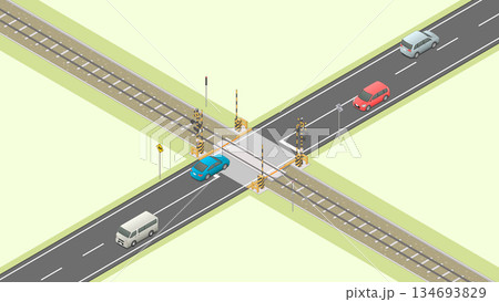 アイソメトリック図法で描いた開いている踏切のイメージ[A]（緑地） 134693829