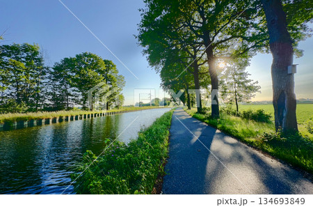 A Serene Pathway That Leads Along a Gentle Stream, All Under the Radiant Golden Sunshine 134693849