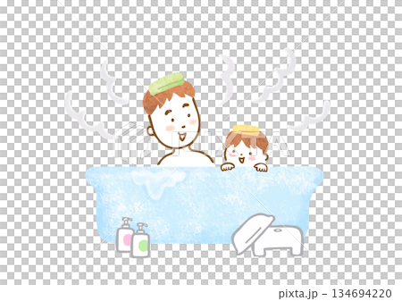 手繪插圖，描繪了一對父子一起洗澡的場景。 134694220
