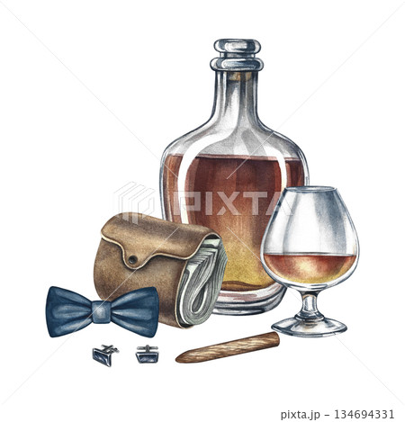 Men's accessories, cognac, wallet with money, cigar, cufflinks, and a bow tie. Hand-drawn watercolor illustration. Colorful image on a men's theme. For postcards, banners, flyers, invitations, posters Men's accessories, cognac, wallet with money, cigar, cufflinks, and a bow tie. Hand-drawn watercolor illustration. Colorful image on a men's theme. For postcards, banners, flyers, invitations, posters 134694331