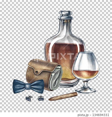 Men's accessories, cognac, wallet with money, cigar, cufflinks, and a bow tie. Hand-drawn watercolor illustration. Colorful image on a men's theme. For postcards, banners, flyers, invitations, posters Men's accessories, cognac, wallet with money, cigar, cufflinks, and a bow tie. Hand-drawn watercolor illustration. Colorful image on a men's theme. For postcards, banners, flyers, invitations, posters 134694331