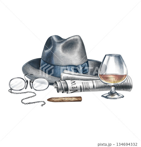 Men's accessories, hat, newspaper, optical glasses, and cognac with a cigar. Hand-drawn watercolor illustration. For postcards, banners, and flyers, as well as for celebrating Men's and Father's Day. 134694332