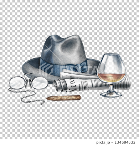 Men's accessories, hat, newspaper, optical glasses, and cognac with a cigar. Hand-drawn watercolor illustration. For postcards, banners, and flyers, as well as for celebrating Men's and Father's Day. 134694332