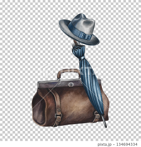 Vintage handbag, men's hat and umbrella. Handmade watercolor illustration. A color image of the traveler's items. Separate from the background. Perfect for banners, flyers, package, label, invitation. 134694334