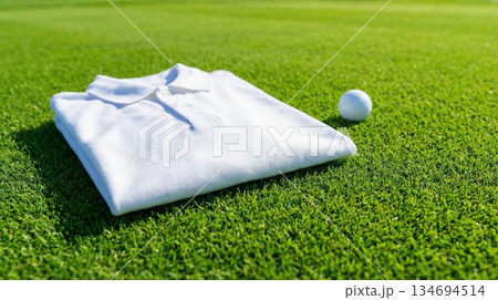 A crisp white polo shirt folded neatly on green manicured grass 134694514