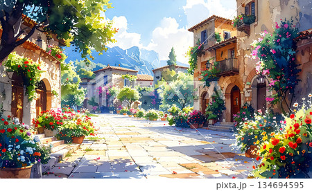 花と緑に囲まれた小さな広場 花と緑に囲まれた小さな広場 134694595