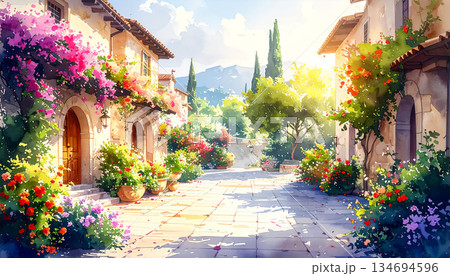 花と緑に囲まれた小さな広場 134694596