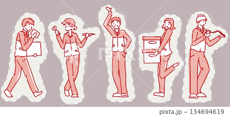 Full-body illustration of five workers with red text 134694619