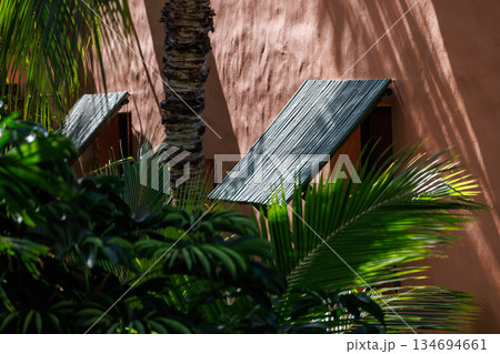 ホテルの部屋の窓とヤシの葉 134694661