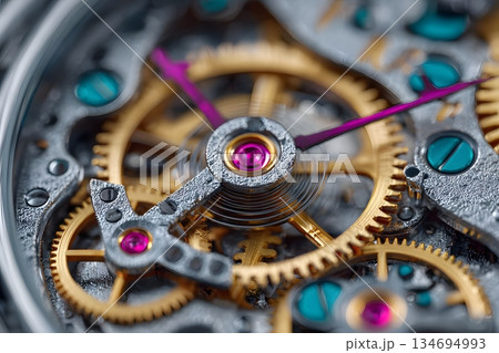 機械式腕時計の精密ギアとスプリングのマクロ撮影 134694993