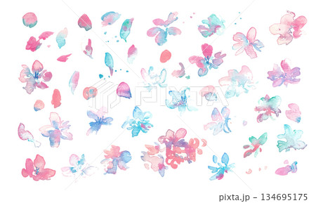 水彩画。水彩タッチの桜のベクター背景。舞い上がる桜の背景。春の桜水彩画。 134695175