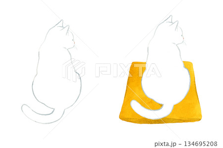 座布団の上に座る白猫のセット　ペット・動物の手描き水彩イラスト素材 134695208