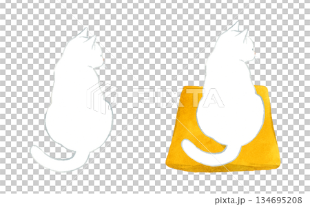 座布団の上に座る白猫のセット　ペット・動物の手描き水彩イラスト素材 134695208