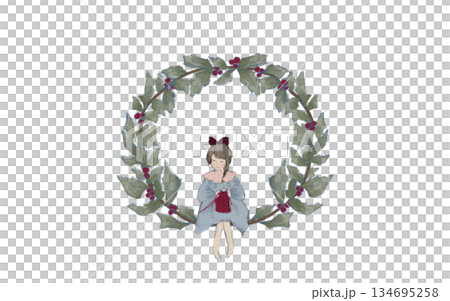 女孩坐在花圈上織毛衣 134695258