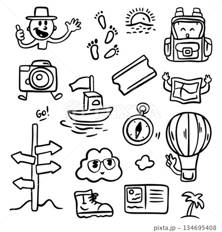 Set of travel outline doodle signs. Tourism and summer adventure icons in retro cartoon style. Clip art travelling elements. Set of travel outline doodle signs. Tourism and summer adventure icons in retro cartoon style. Clip art travelling elements. 134695408
