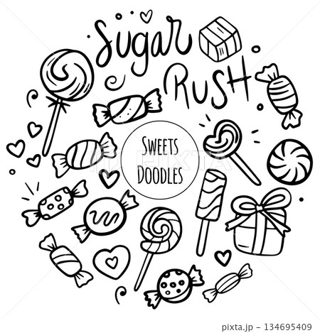 Hand drawn candy collection. Doodle sketch style. Set of various sweets doodles. Illustration isolated on white background. 134695409